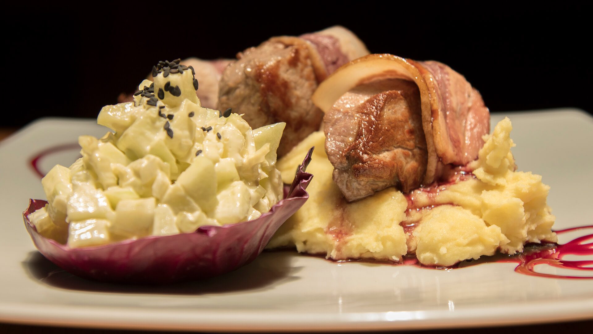 Alpaca and bacon with complementary mash potato and salad | RESPONSible Travel Peru