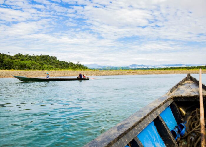 Boat view over the Alto Madre de Dios river departing from Shintuya's port | Responsible Travel Peru
