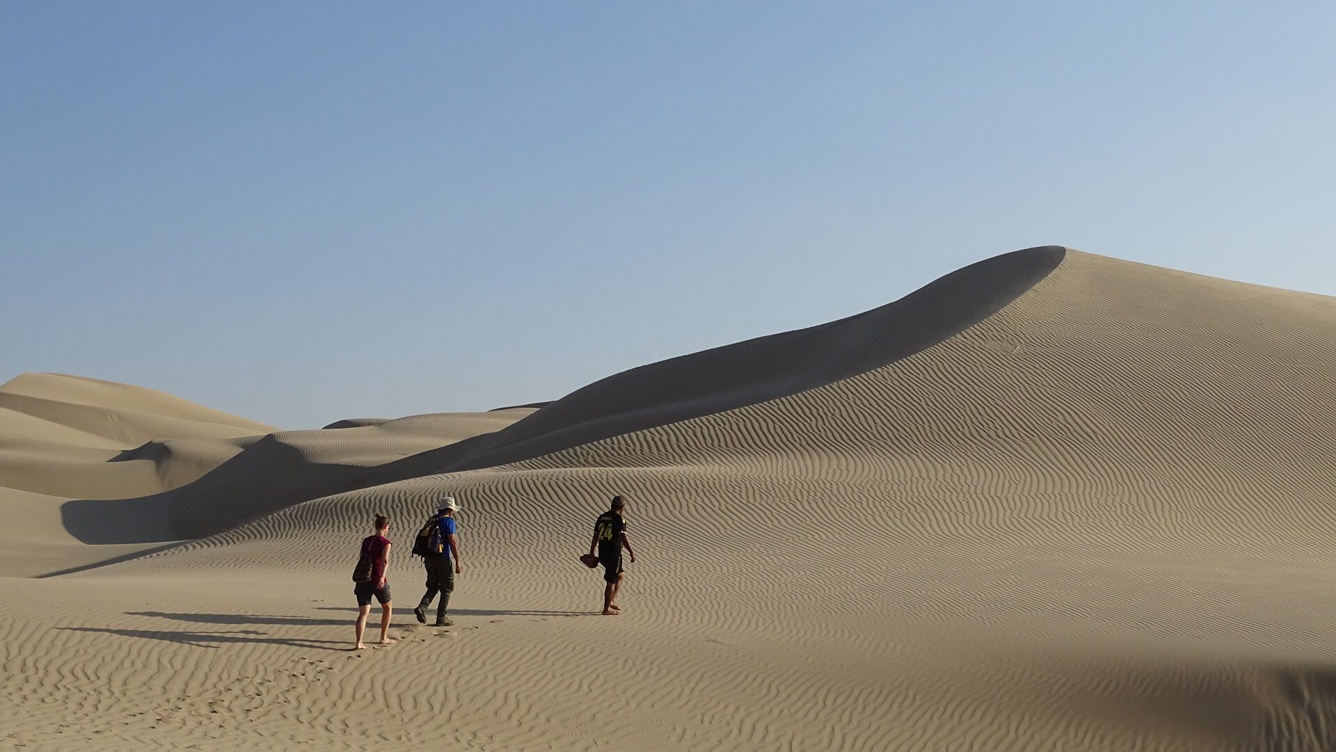 Agnes ascending a dune in the desert