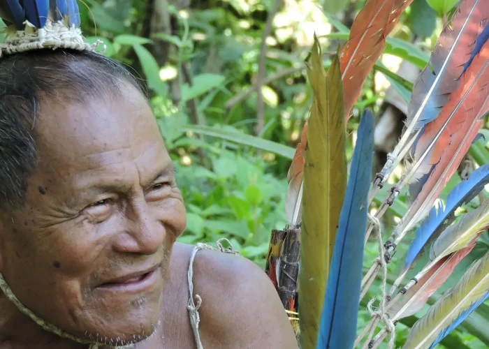 Elder Harakbut man wearing a feather head dress and an arrow case equally decorated with the same feathers