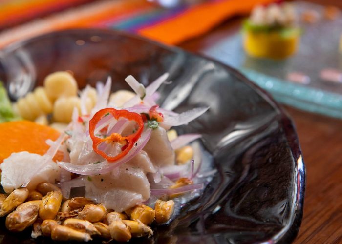 A close-up to a ceviche dish revealing all its ingredients - Impactful Travel Peru