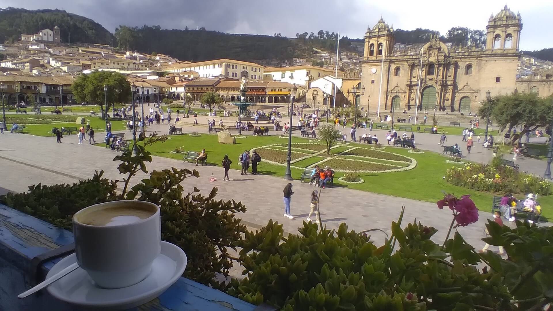 View of the main square in Cusco from a café