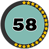 A teal circle with the number 58 in bold black font, surrounded by a border of yellow stars on a black background.
