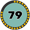 A circular badge with the number "79" in bold black text on a light blue background, surrounded by a border of yellow stars on a black ring.