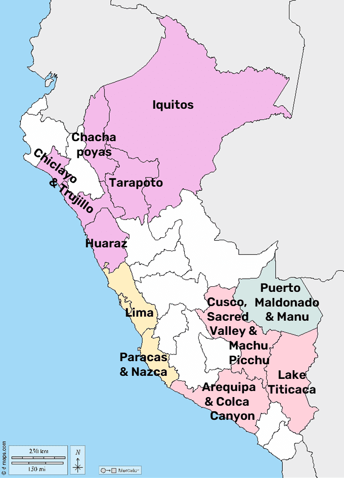 Map of Peru with destinations where RESPONSible Travel Peru offers sustainable tours