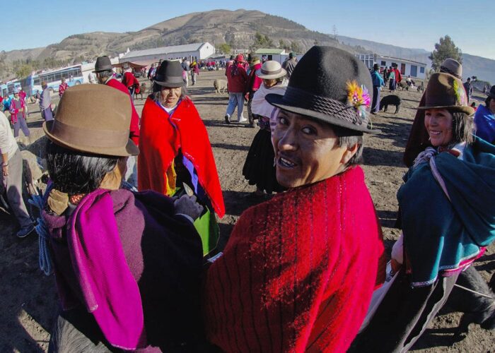 Local Ecuadorian people in colorful ponchos are visiting an animal market where they are trading livestock. Visit the Guamote, Chimborazo area with Impactful Travel in Ecuador.