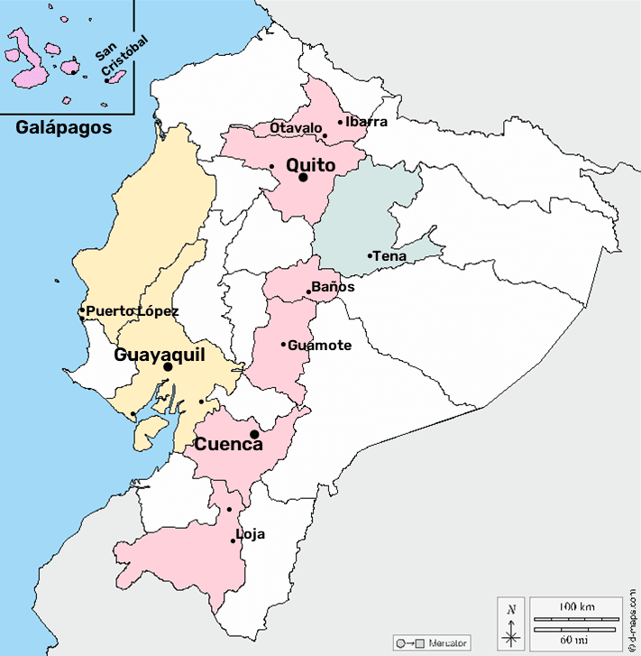 A Map of Ecuador showing all Impactful Travel's current Ecuador destinations.