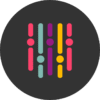 A black circle with five vertical rows of colored sliders and dots in teal, pink, yellow, and purple, resembling an equalizer or settings icon.
